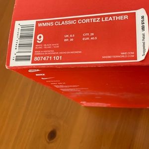 White Leather Cortez with Black Swoosh in Original Box. Worn Once.